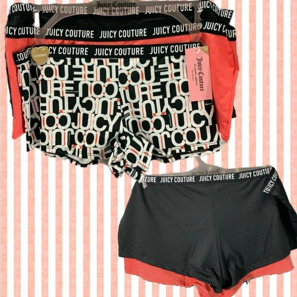 Juicy Couture +2X Logo Print-Coral- Black Elastic Waistband  Cheeky Panties-3-Pk